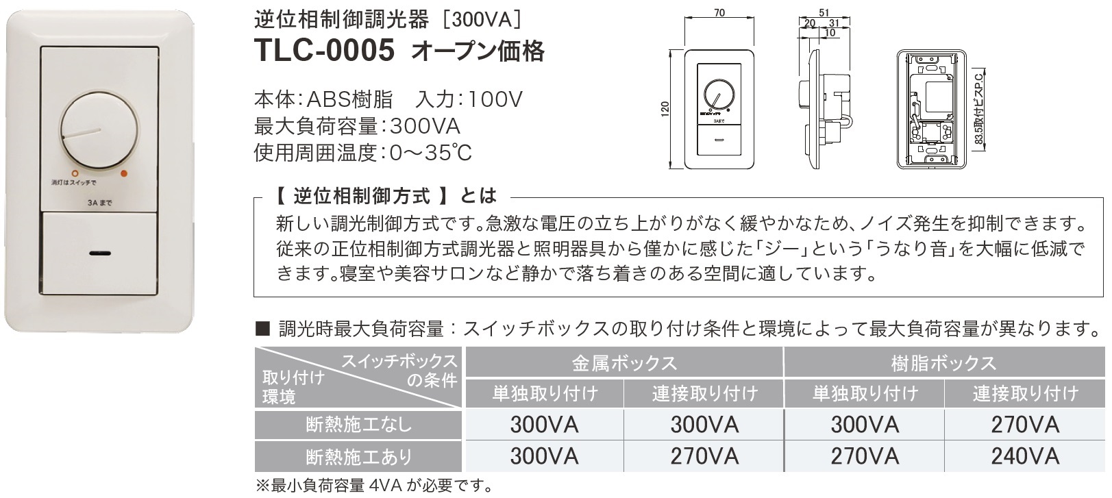 調光器＿逆位相制御調光方式＿寸法図＿スペック