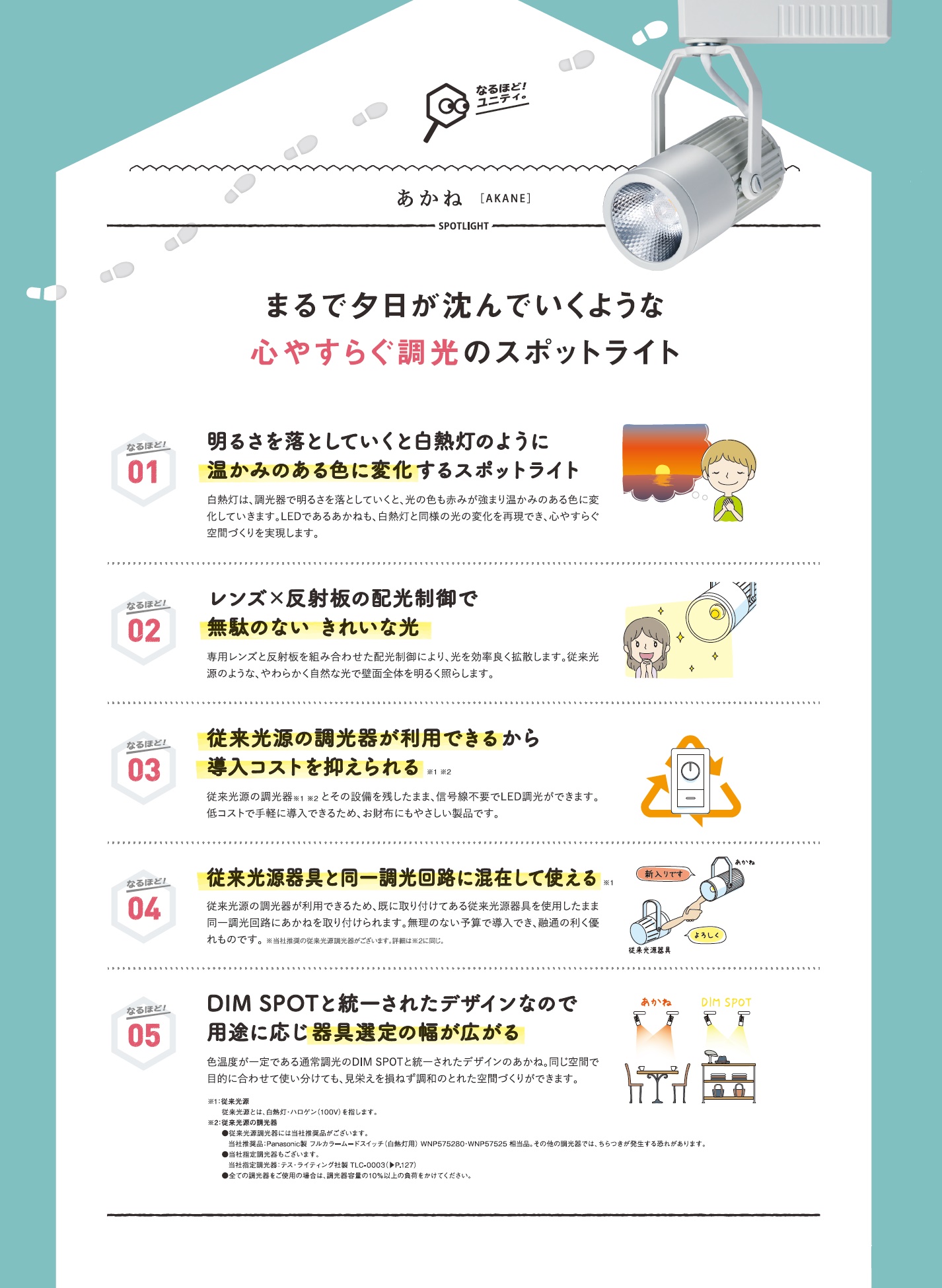 あかね_特長一覧特長_温かみのある色に変化_無駄のないきれいな光_既存調光器使用可能_従来光源と混在使用可能_統一デザイン