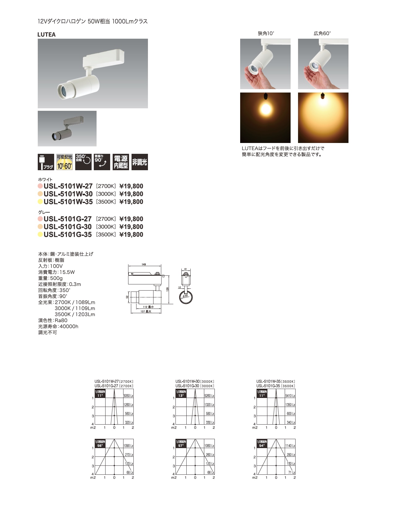 ルテア_配光角度調整イメージ_寸法図_配光図