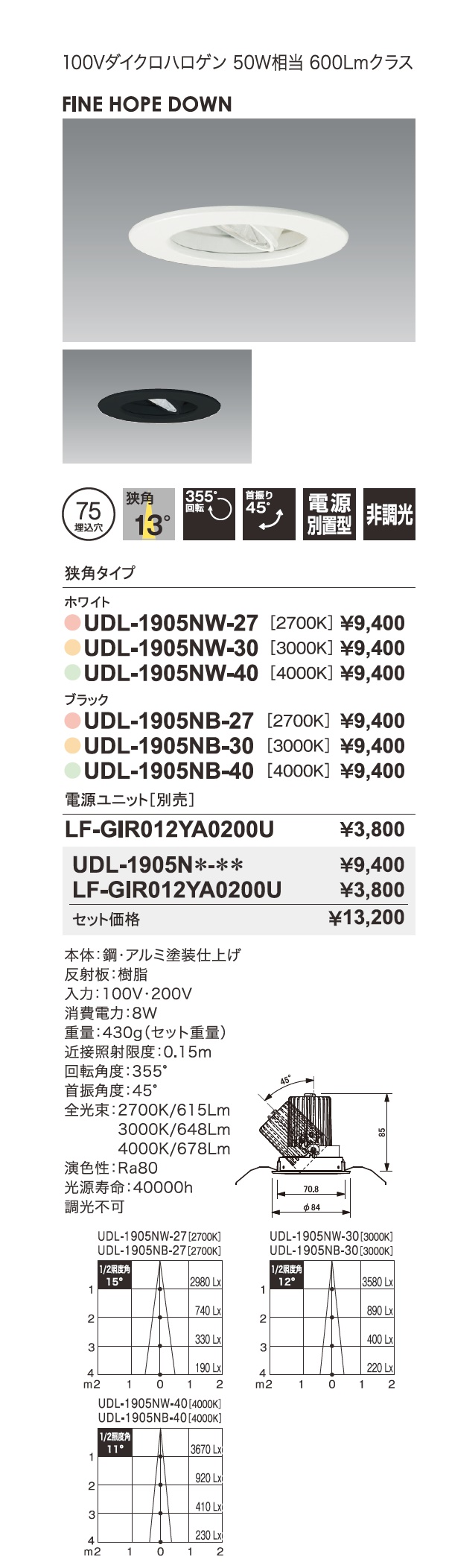 ファインホープダウン＿ユニバーサルダウンライト＿JDR100V50W相当 600Ｌｍクラス＿寸法図＿配光図