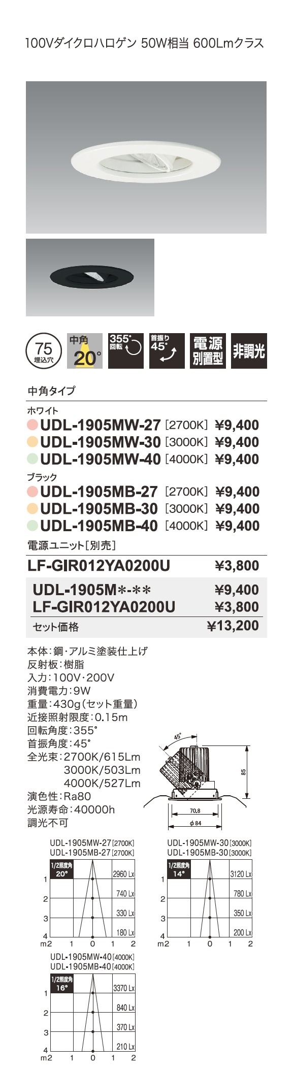 ファインホープダウン_ユニバーサルダウンライト_JDR100V50W相当 600Lmクラス_寸法図_配光図