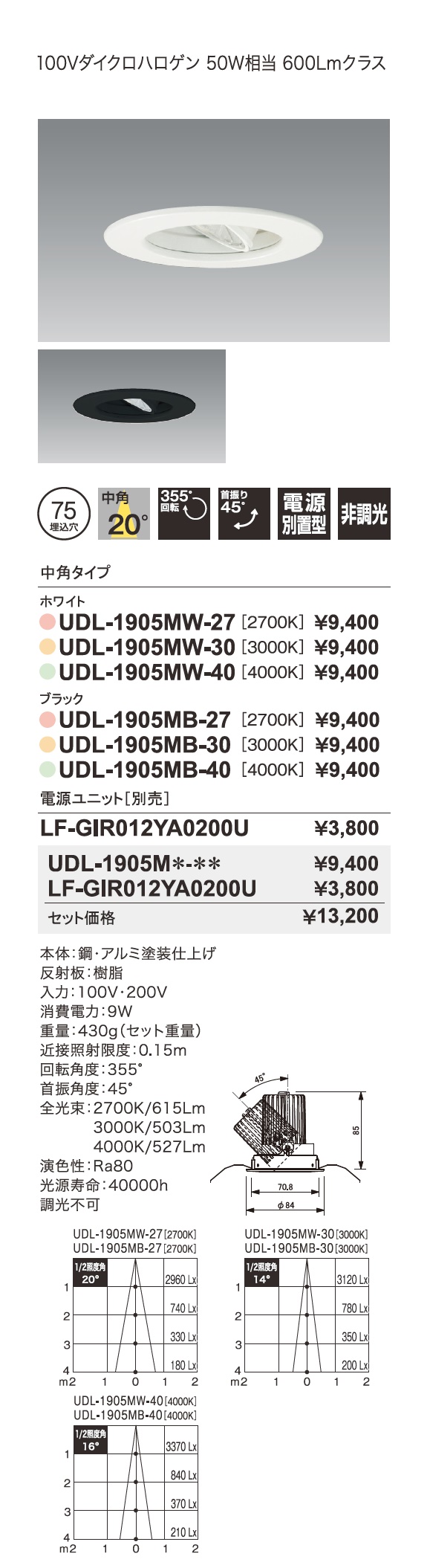 ファインホープダウン＿ユニバーサルダウンライト＿JDR100V50W相当 600Ｌｍクラス＿寸法図＿配光図