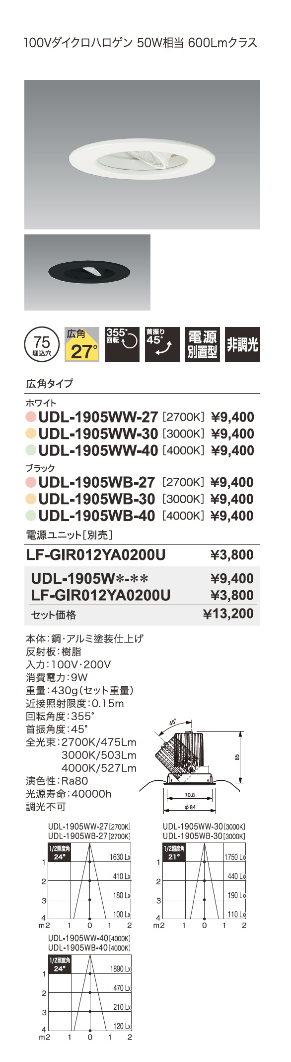 ファインホープダウン_ユニバーサルダウンライト_JDR100V50W相当 600Lmクラス_寸法図_配光図